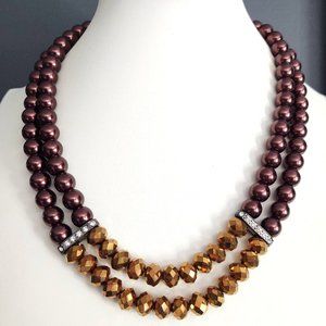 Metallic brown and gold beaded necklace with cz accents